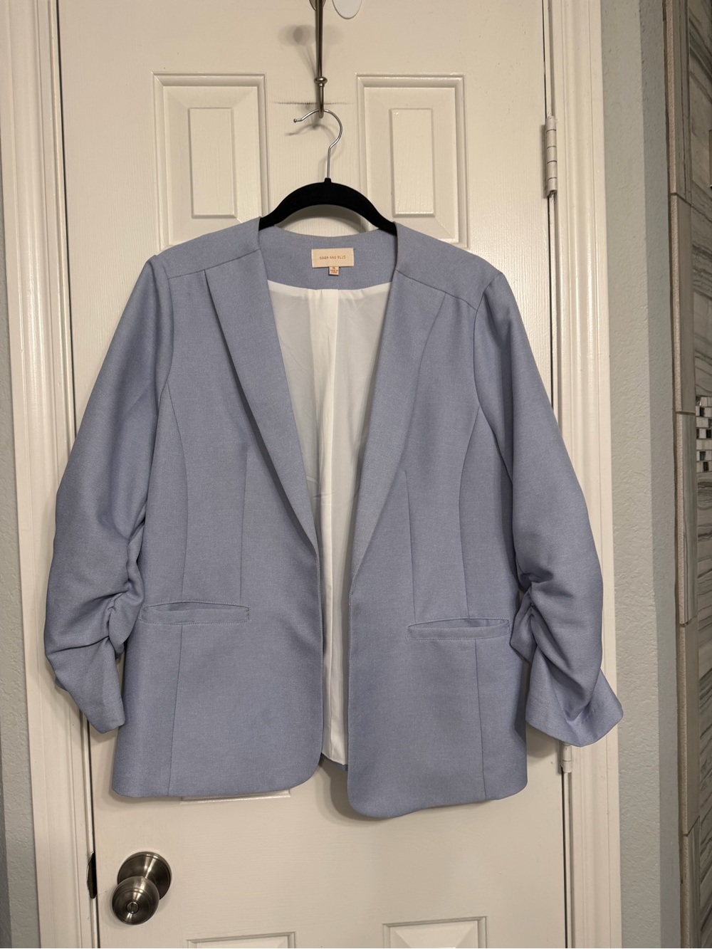 Skies Are Blue Light Blue Open-Front Ruched-Sleeve Blazer